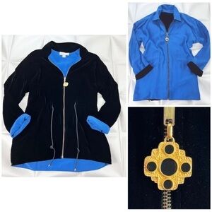 Worth Womens Sz S Black Velvet Blue Silk REVERSIBLE Drawstring Oversized Jacket